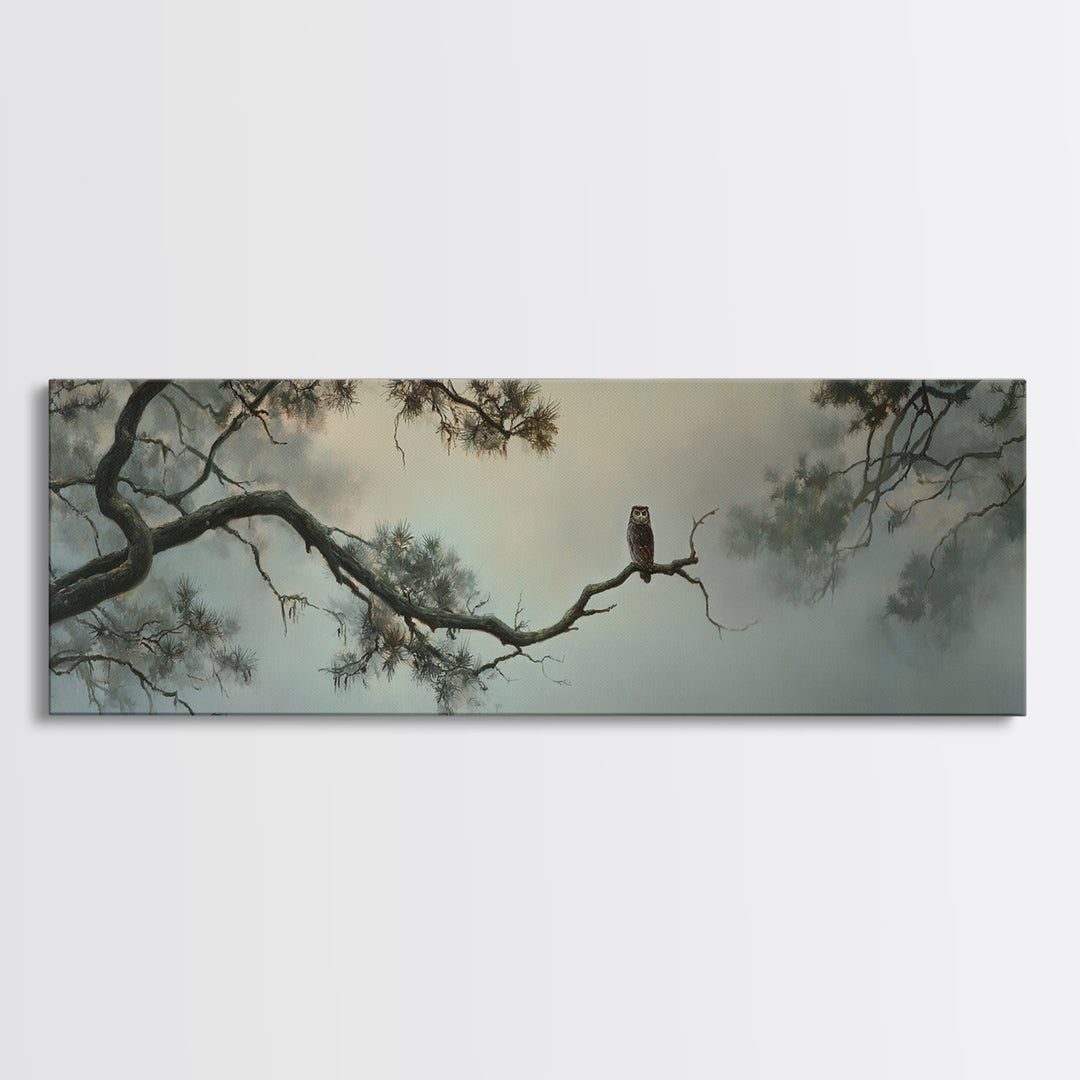 Owl in Moonlit Branches Framed Canvas Print, Nature Art, Wall Art, Living Room Decor, Watercolor Art, Nature, Wood Wall Art, NAT-3x1-59