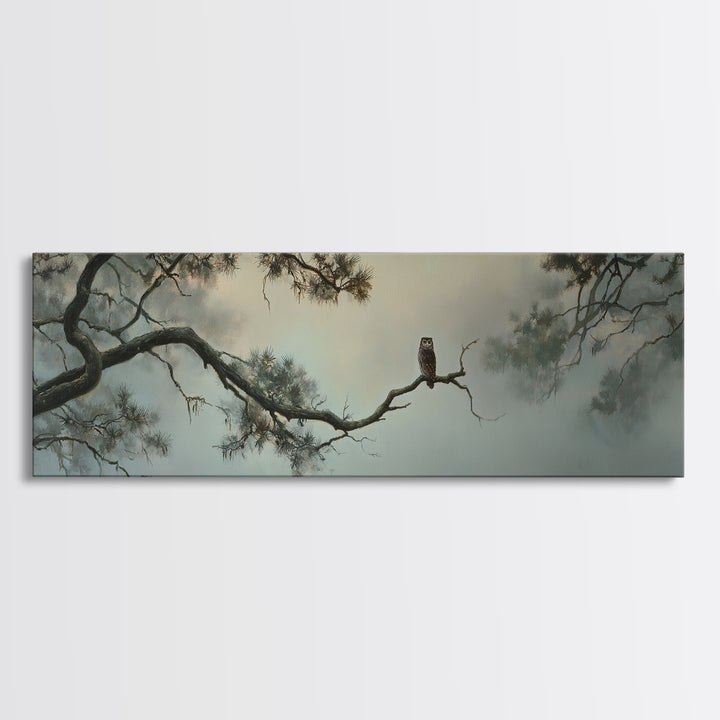 Owl in Moonlit Branches Framed Canvas Print, Nature Art, Wall Art, Living Room Decor, Watercolor Art, Nature, Wood Wall Art, NAT-3x1-59