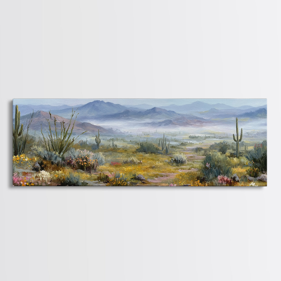 Desert Cactus Blooming After Rain Framed Canvas Print, Nature Art, Boho Decor, Living Room Decor, Oil Painting, Nature, NAT-3x1-60