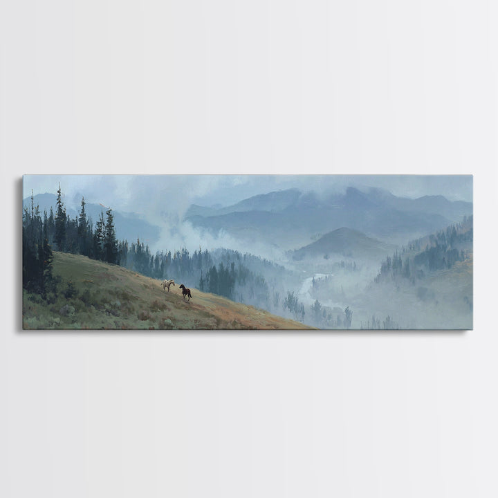 Wild Horses Running Near Mountain Ridge Canvas Print, Nature Art, Gallery Decor, Living Room Decor, Fine Art, Nature, NAT-3x1-62