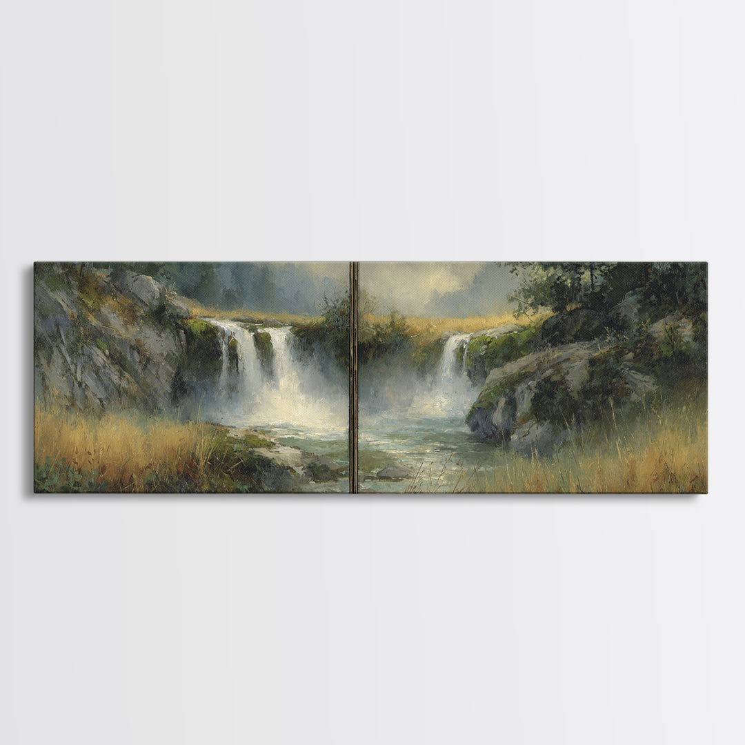 Waterfall Hidden Among Dark Green Rocks Framed Canvas Print, Nature Art, Wall Hangings, Living Room Decor, Abstract Art, Nature, NAT-3x1-67