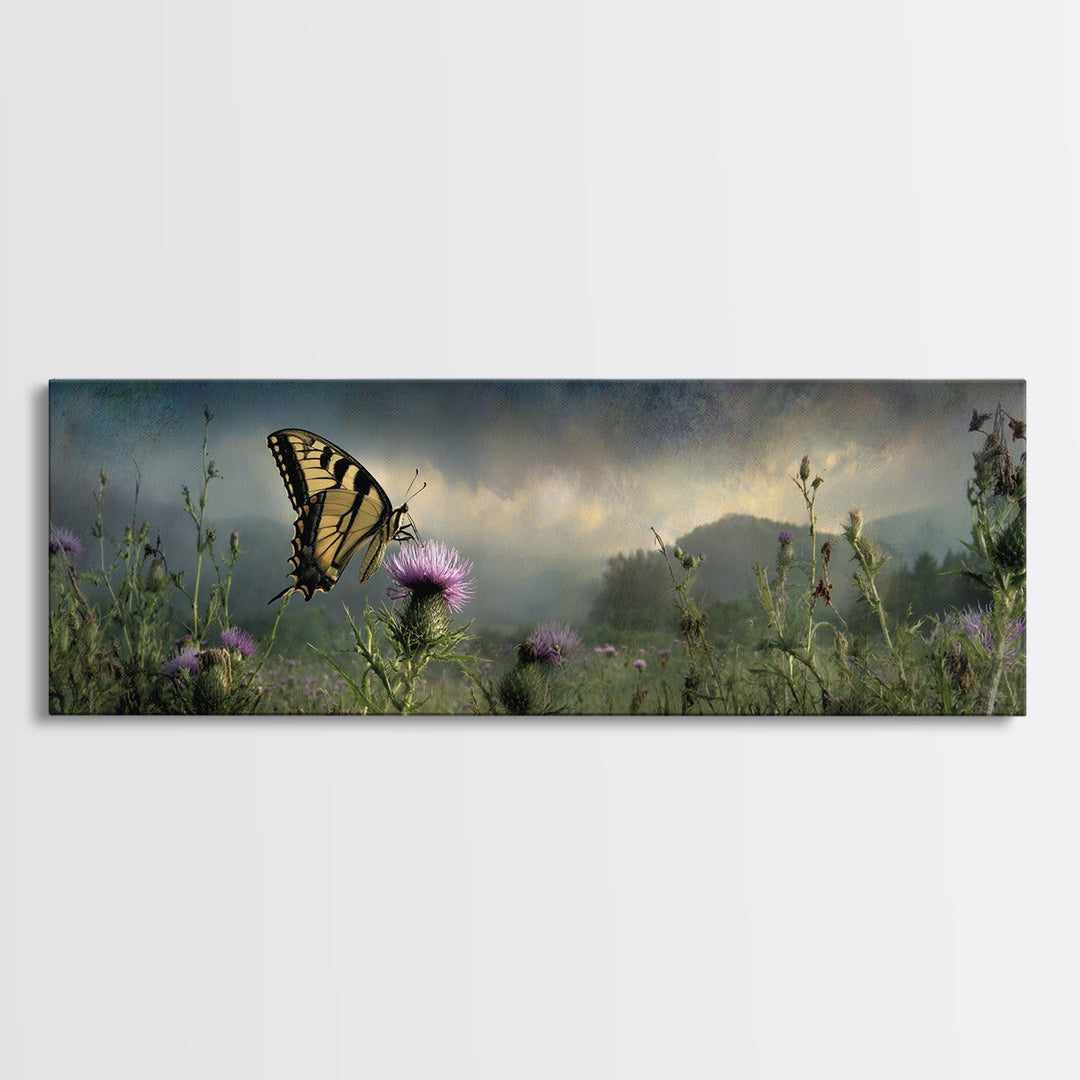 Butterfly Resting on a Blooming Thistle Framed Canvas Print, Nature Art, Living Room Decor, Watercolor Art, Nature, NAT-3x1-68