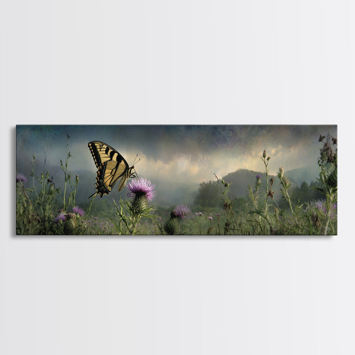 Butterfly Resting on a Blooming Thistle Framed Canvas Print, Nature Art, Living Room Decor, Watercolor Art, Nature, NAT-3x1-68