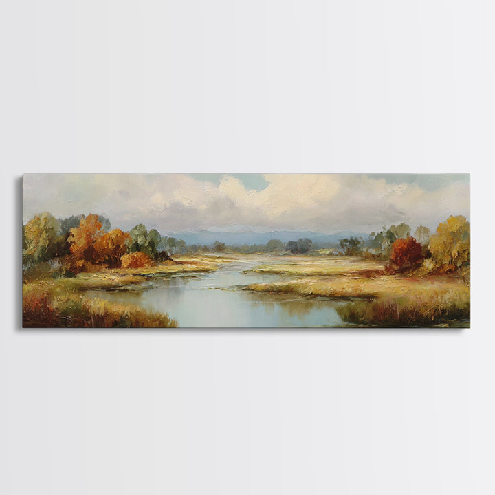 Autumn Leaves Floating on Quiet Stream Canvas Print, Nature Art, Art Print, Living Room Decor, Oil Painting, Nature, NAT-3x1-70
