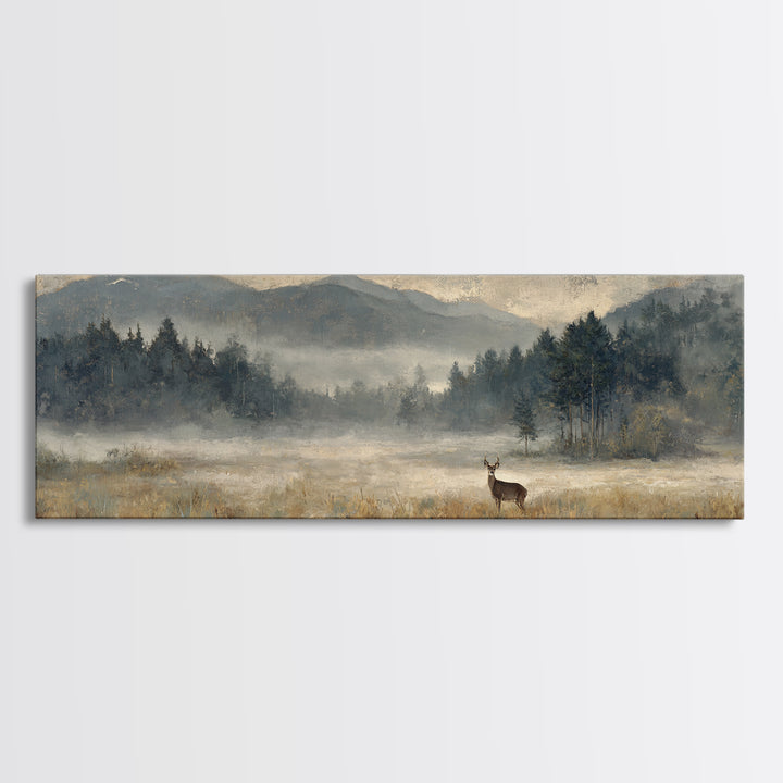 Deer Standing in a Golden Field Framed Canvas Print, Nature Art, Wall Art, Living Room Decor, Fine Art, Nature, Wood Wall Art, NAT-3x1-72