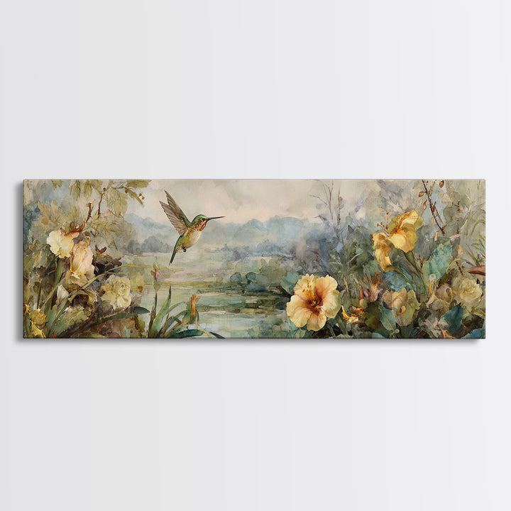 Hummingbird Beside Bright Trumpet Flowers Canvas Print, Nature Art, Home Decor, Living Room Decor, Oil Painting, Nature, NAT-3x1-76