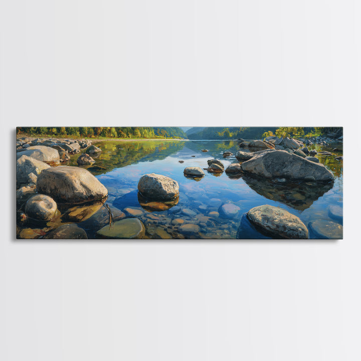 River Stones under Clear Shallow Water Framed Canvas Print, Nature Art, Stained Glass Art, Living Room Decor, Fine Art, Nature, NAT-3x1-77