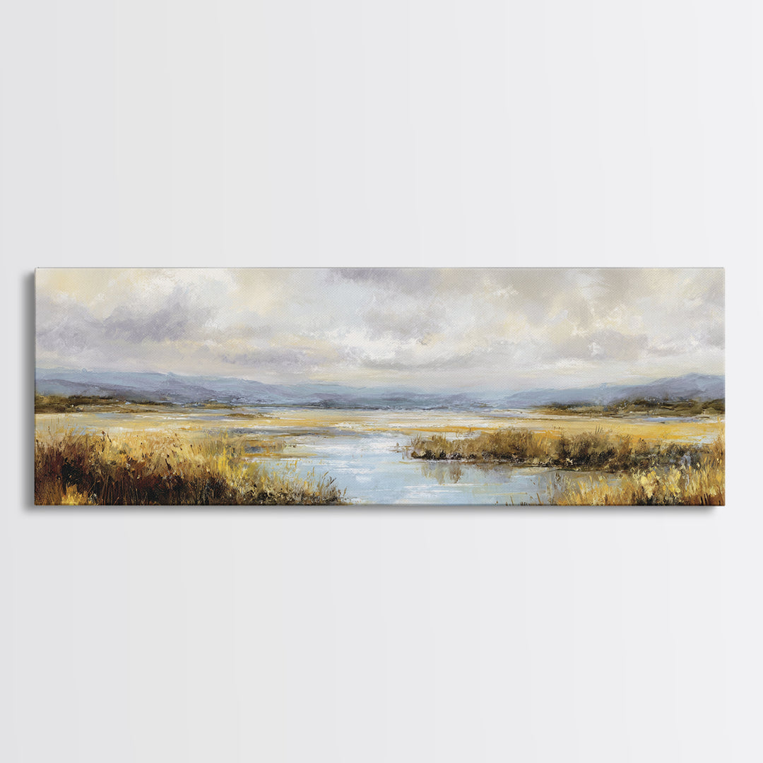 Dragonfly over a Pond with Reeds Framed Canvas Print, Nature Art, Wood Wall Art, Living Room Decor, Fine Art, Nature, NAT-3x1-82