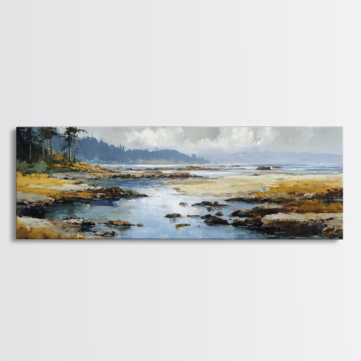 Calm Beach Tide Pooling Around Rocks Canvas Print, Nature Art, Minimalist Decor, Living Room Decor, Oil Painting, Nature, NAT-3x1-88