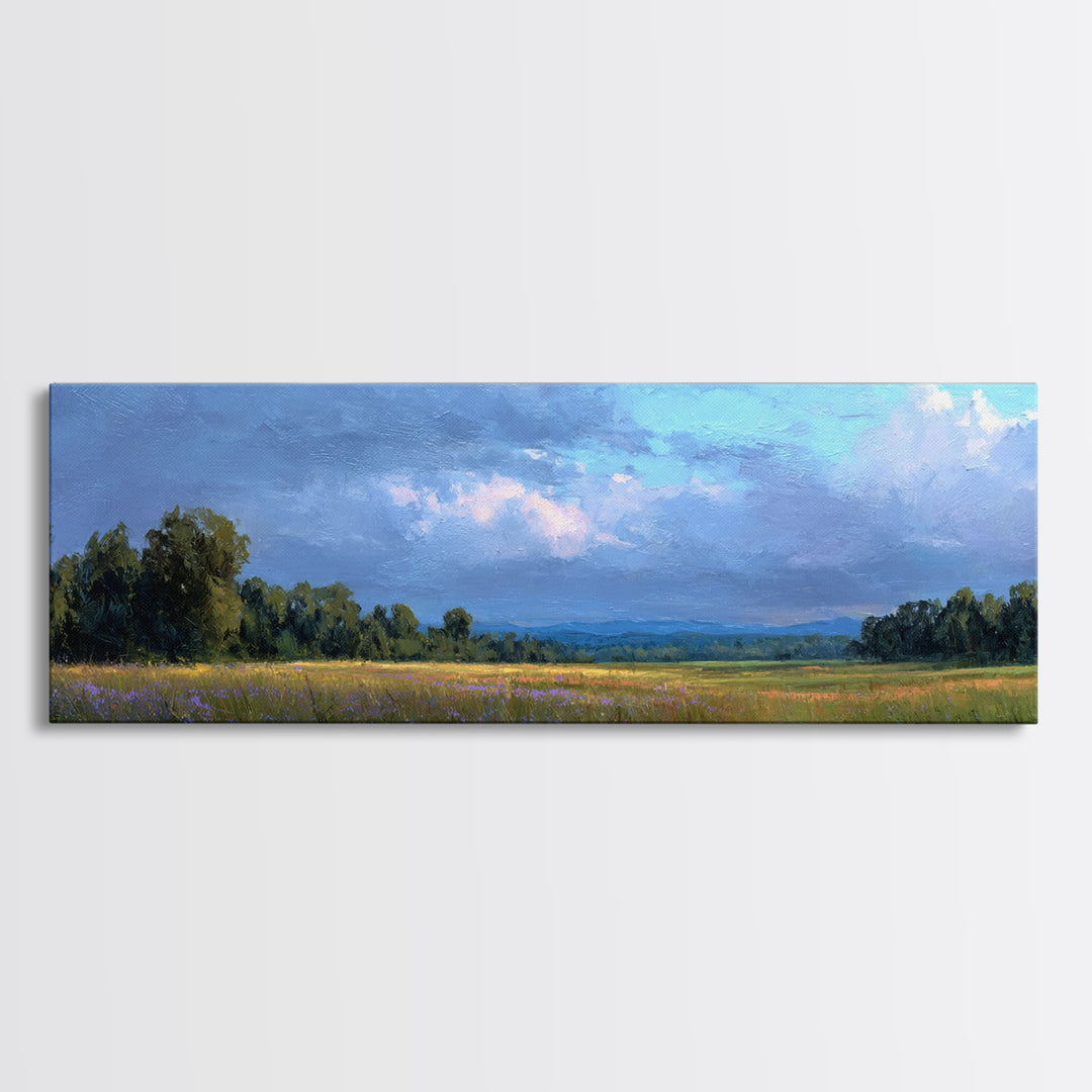 Wildflower Meadow under Soft Summer Sky Framed Canvas Print, Nature Art, Stained Glass Art, Living Room Decor, Fine Art, Nature, NAT-3x1-90