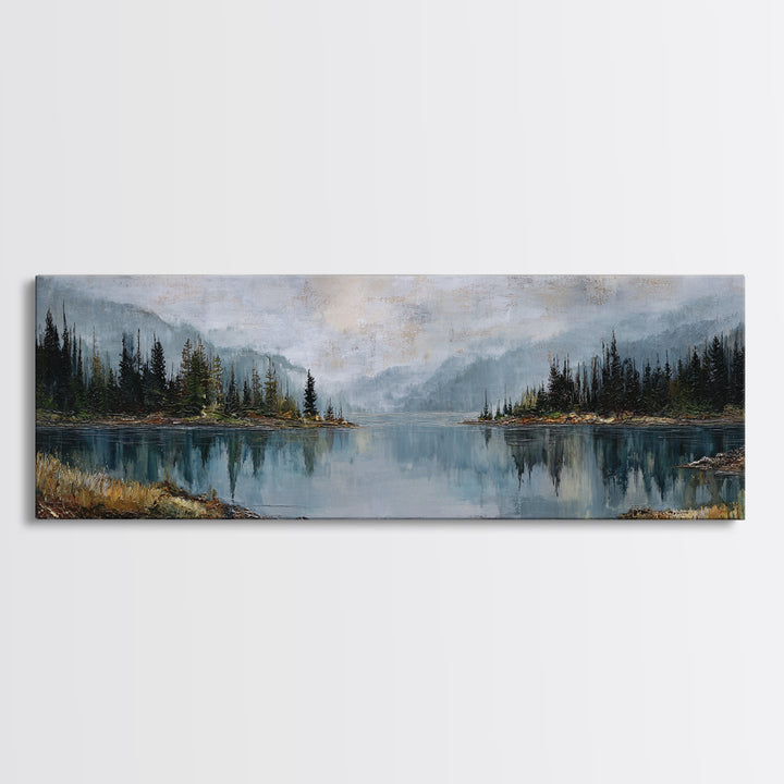 Misty Mountain Lake Canvas Print, Nature Art, Mountain Art, Living Room Decor, Oil Painting, Nature, Minimalist Decor, NAT-3x1-93