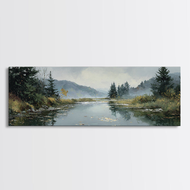 Autumn Leaves Floating on Quiet Stream Canvas Print, Nature Art, Modern Wall Art, Living Room Decor, Watercolor Art, Nature, NAT-3x1-94