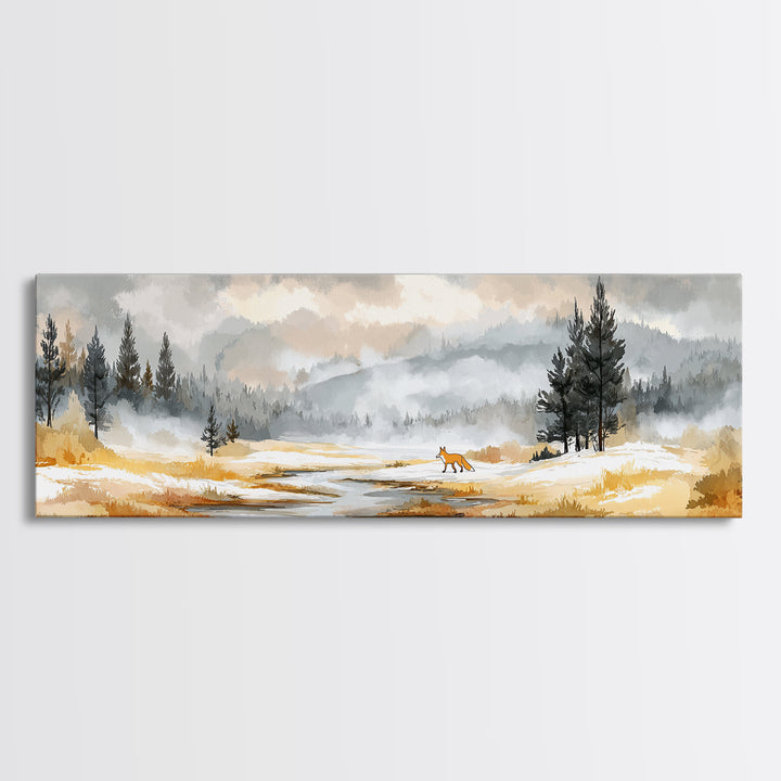 Fox Crossing a Snowy Forest Clearing Canvas Print, Nature Art, Moss Art, Living Room Decor, Oil Painting, Nature, NAT-3x1-98