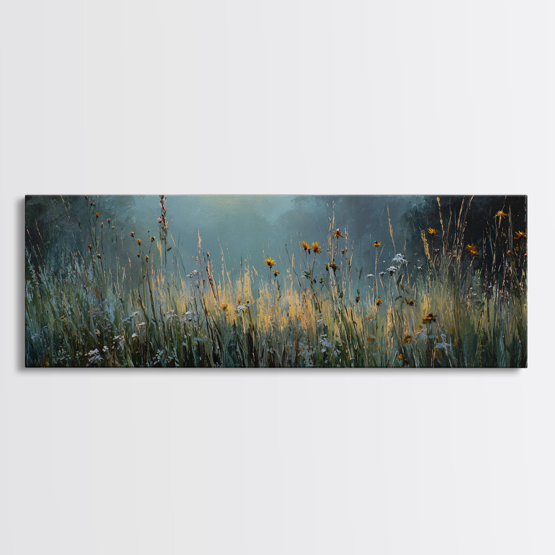 Sunrise Through Tall Grass and Wildflowers Framed Canvas Print, Nature Art, Living Room Decor, Oil Painting, Nature, NAT-3x1-99
