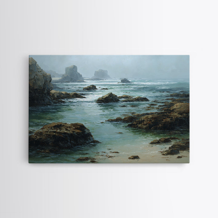 Calm Beach Tide Pooling Around Rocks Framed Canvas Print, Nature Art, Fine Art Print, Living Room Decor, Oil Painting, Nature, NAT-3x2-100