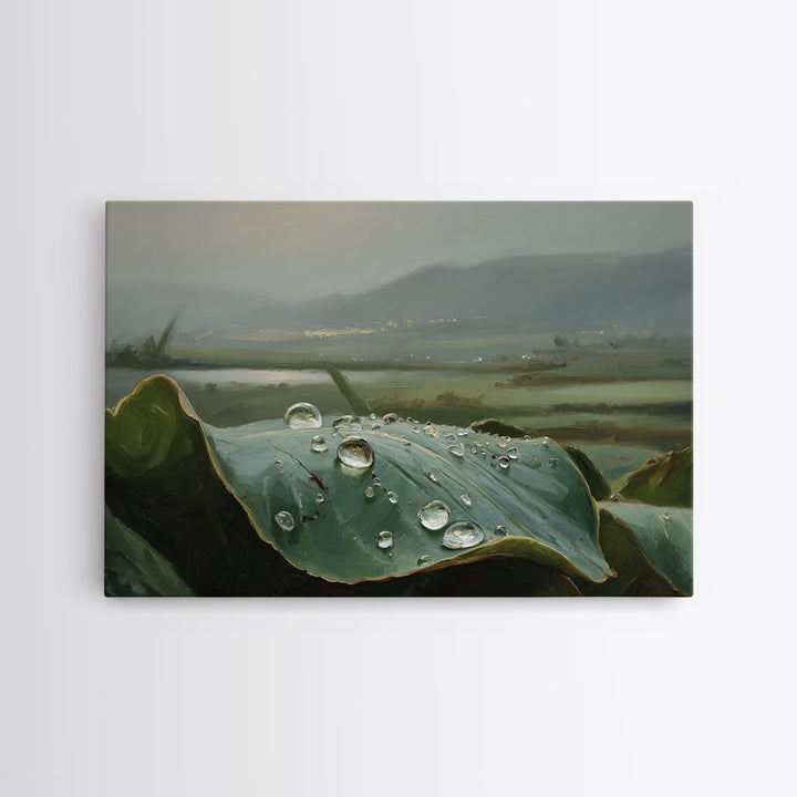 Rain Drops on a Large Green Leaf Framed Canvas Print, Nature Art, 3d Wall Art, Living Room Decor, Watercolor Art, Nature, NAT-3x2-13