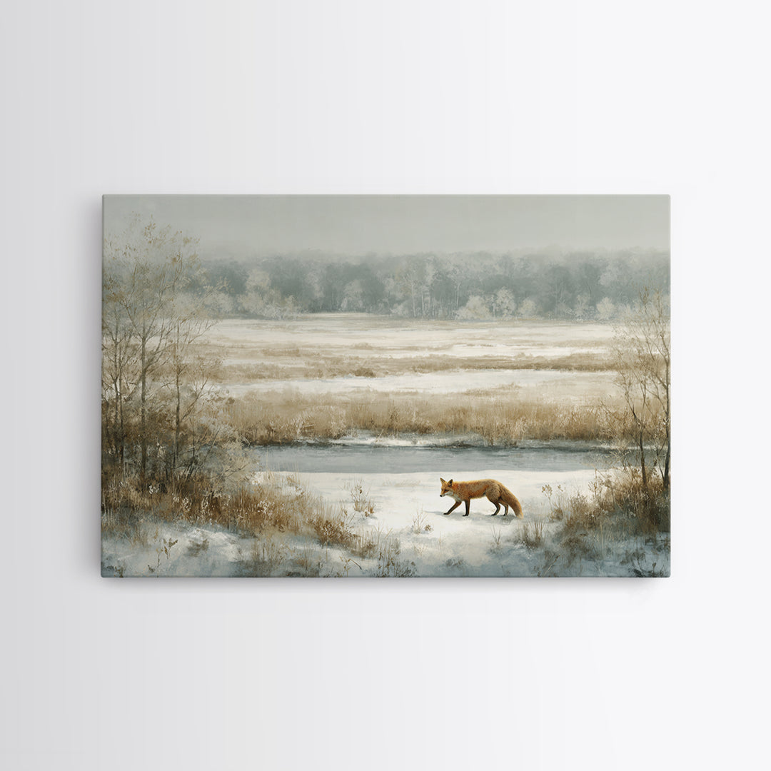 Fox Crossing a Snowy Forest Clearing Framed Canvas Print, Nature Art, Living Room Decor, Oil Painting, Nature, NAT-3x2-14
