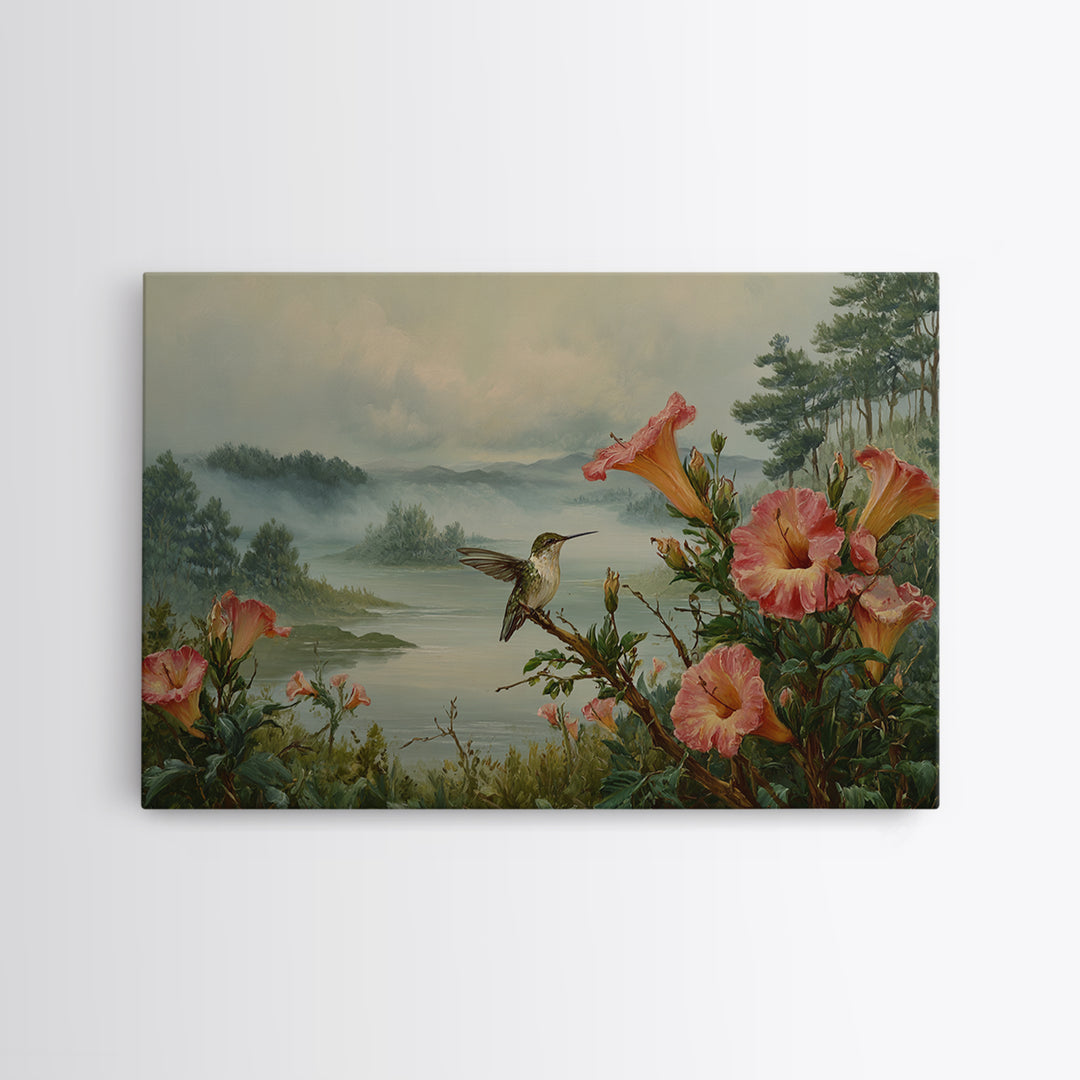 Hummingbird Beside Bright Trumpet Flowers Canvas Print, Nature Art, Living Room Decor, Watercolor Art, Nature, Ocean Art, NAT-3x2-16