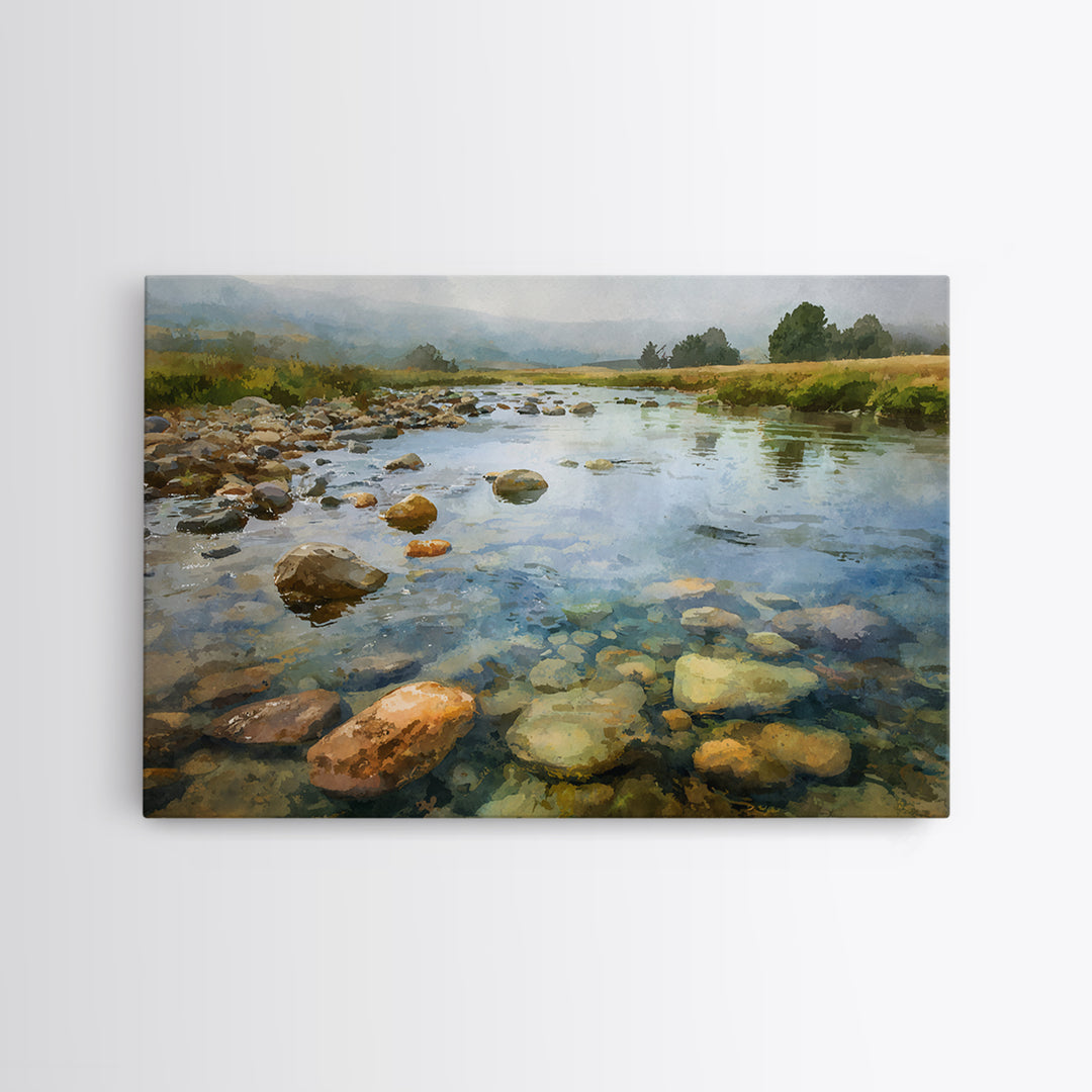 River Stones under Clear Shallow Water Canvas Print, Nature Art, Watercolor Painting, Living Room Decor, Fine Art, Nature, NAT-3x2-17