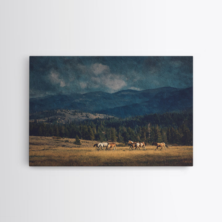 Wild Horses Running Near Mountain Ridge Framed Canvas Print, Nature Art, Wall Decor, Living Room Decor, Fine Art, Nature, NAT-3x2-2