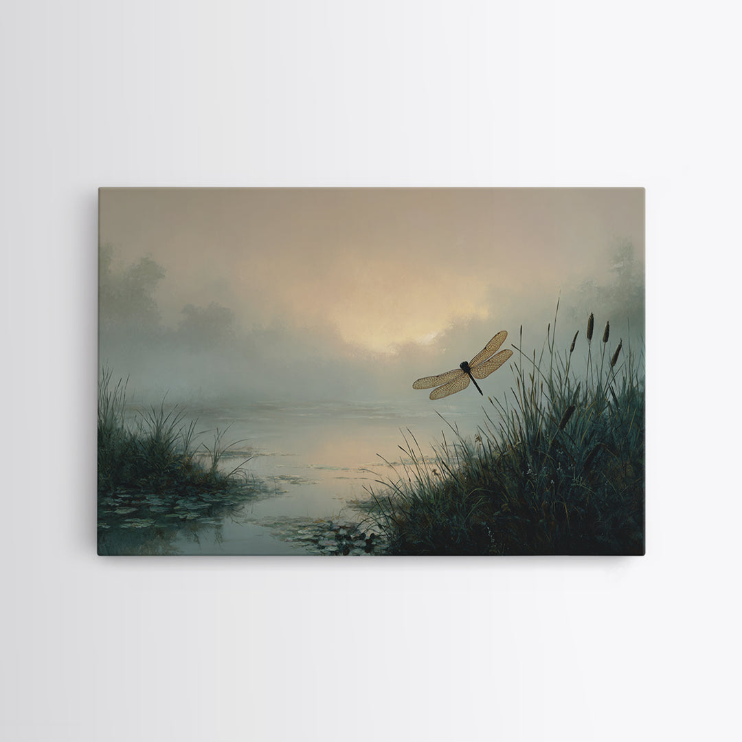 Dragonfly over a Pond with Reeds Canvas Print, Nature Art, Original Painting, Living Room Decor, Oil Painting, Nature, NAT-3x2-22