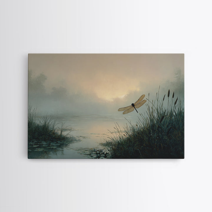 Dragonfly over a Pond with Reeds Canvas Print, Nature Art, Original Painting, Living Room Decor, Oil Painting, Nature, NAT-3x2-22