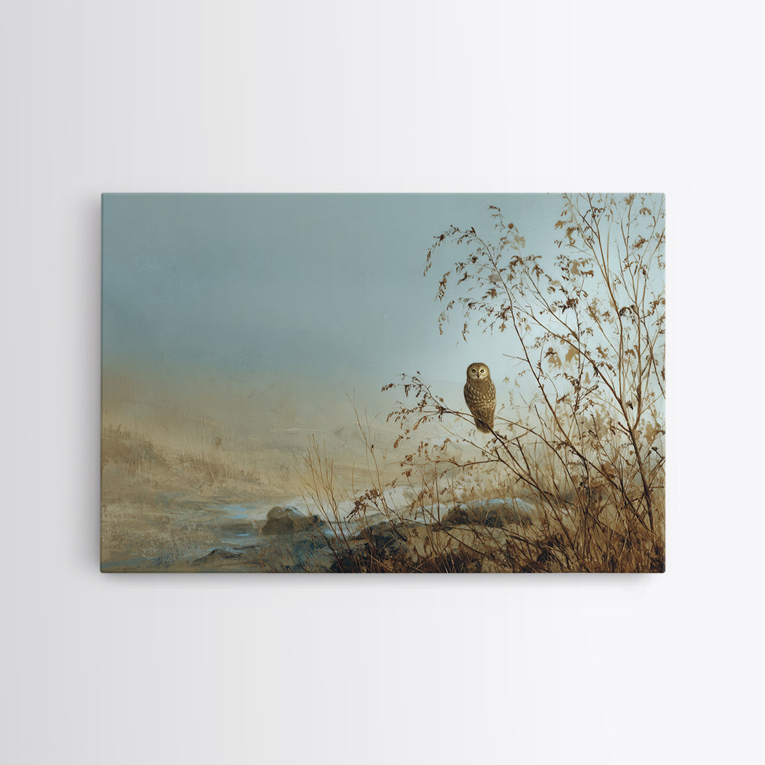 Owl in Moonlit Branches Framed Canvas Print, Nature Art, Watercolor Painting, Living Room Decor, Oil Painting, Nature, NAT-3x2-23