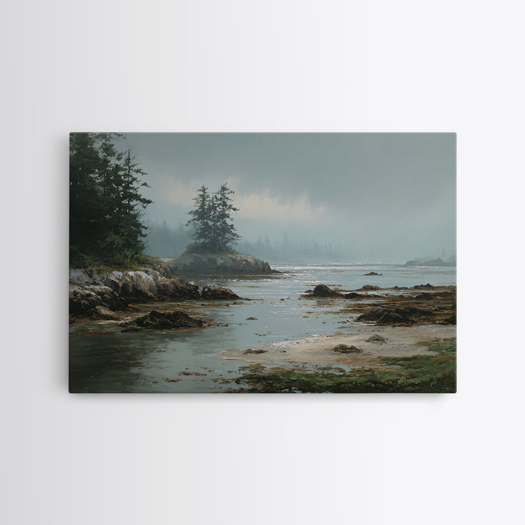 Calm Beach Tide Pooling Around Rocks Framed Canvas Print, Nature Art, Artwork, Living Room Decor, Nature, Landscape Art, NAT-3x2-28