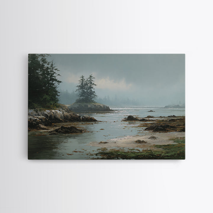 Calm Beach Tide Pooling Around Rocks Framed Canvas Print, Nature Art, Artwork, Living Room Decor, Nature, Landscape Art, NAT-3x2-28