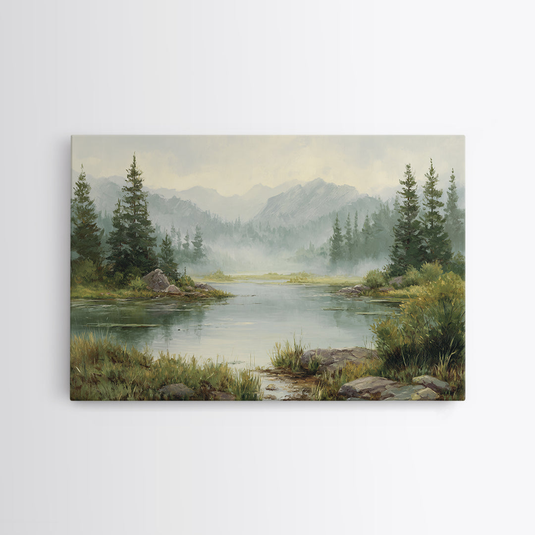 Misty Mountain Lake Canvas Print, Nature Art, Stained Glass Art, Living Room Decor, Nature, Modern Decor, Fine Art Print, NAT-3x2-33