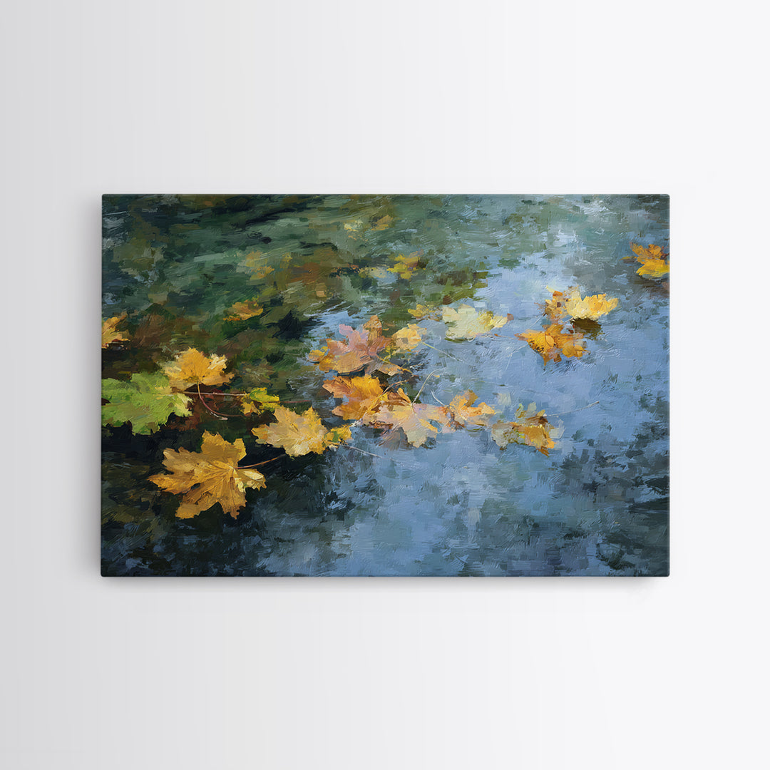 Autumn Leaves Floating on Quiet Stream Canvas Print, Nature Art, Modern Wall Art, Living Room Decor, Watercolor Art, Nature, NAT-3x2-34