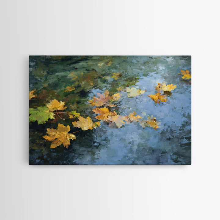 Autumn Leaves Floating on Quiet Stream Canvas Print, Nature Art, Modern Wall Art, Living Room Decor, Watercolor Art, Nature, NAT-3x2-34