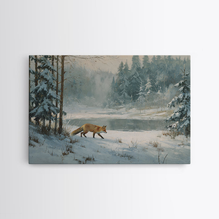 Fox Crossing a Snowy Forest Clearing Canvas Print, Nature Art, Wood Wall Art, Living Room Decor, Nature, Digital Download Art, NAT-3x2-38