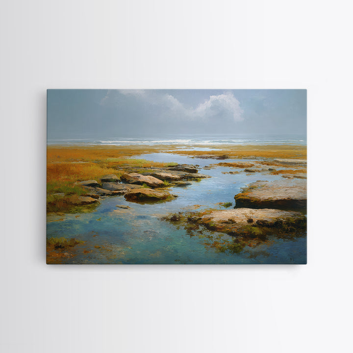 Calm Beach Tide Pooling Around Rocks Canvas Print, Nature Art, Living Room Decor, Oil Painting, Nature, Modern Wall Art, NAT-3x2-4