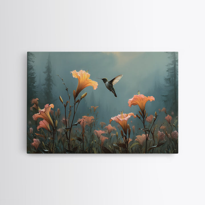 Hummingbird Beside Bright Trumpet Flowers Canvas Print, Nature Art, Living Room Wall Art, Living Room Decor, Nature, NAT-3x2-40