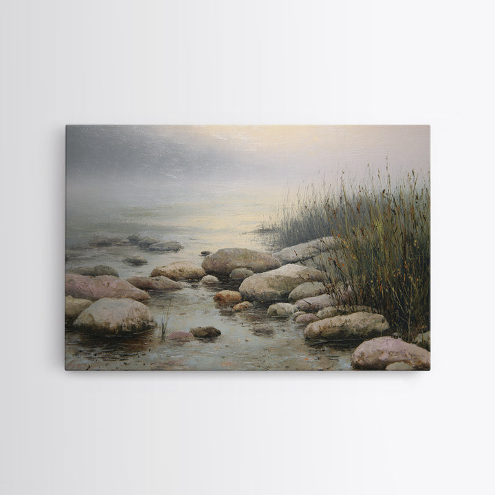 River Stones under Clear Shallow Water Framed Canvas Print, Nature Art, Moss Art, Living Room Decor, Watercolor Art, Nature, NAT-3x2-41