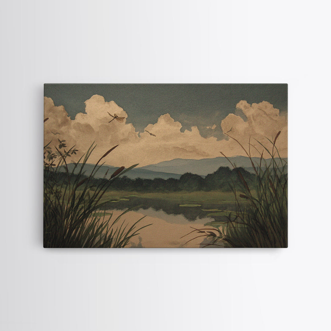 Dragonfly over a Pond with Reeds Framed Canvas Print, Nature Art, Abstract Wall Art, Living Room Decor, Fine Art, Nature, NAT-3x2-46