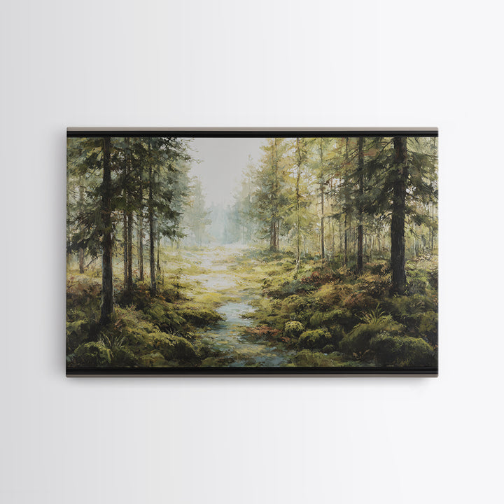 Sunlit Forest Path Framed Canvas Print, Nature Art, Living Room Wall Art, Living Room Decor, Oil Painting, Nature, NAT-3x2-5