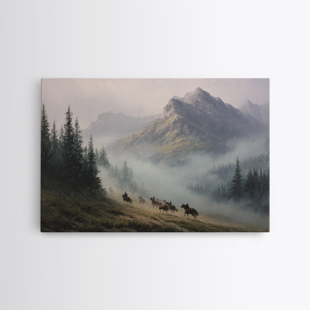 Wild Horses Running Near Mountain Ridge Framed Canvas Print, Nature Art, 3d Wall Art, Living Room Decor, Fine Art, Nature, NAT-3x2-50