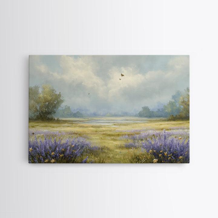 Bees Circling Lavender Blossoms Canvas Print, Nature Art, Digital Download Art, Living Room Decor, Nature, Luxury Decor, NAT-3x2-51