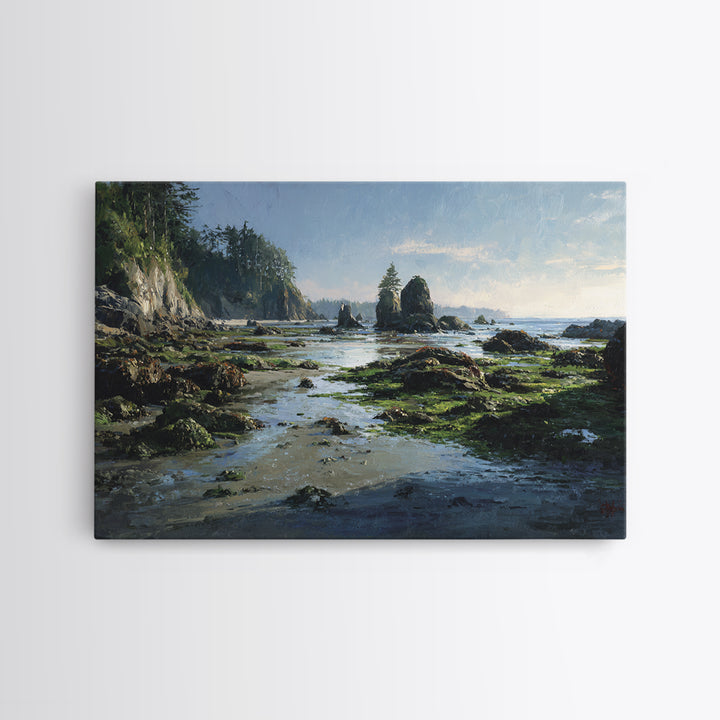 Calm Beach Tide Pooling Around Rocks Canvas Print, Nature Art, Watercolor Painting, Living Room Decor, Abstract Art, Nature, NAT-3x2-52