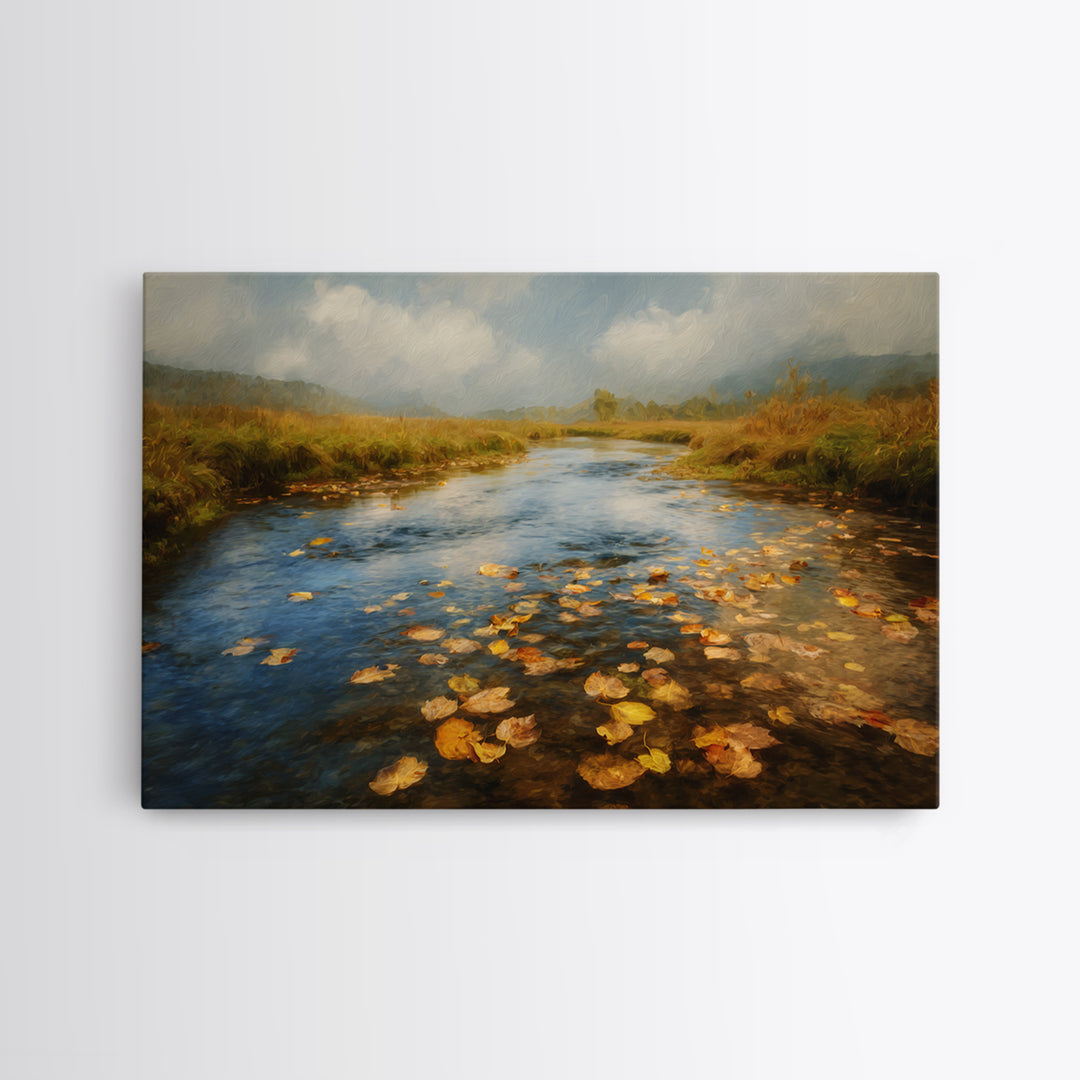 Autumn Leaves Floating on Quiet Stream Canvas Print, Nature Art, Modern Wall Art, Living Room Decor, Watercolor Art, Nature, NAT-3x2-58