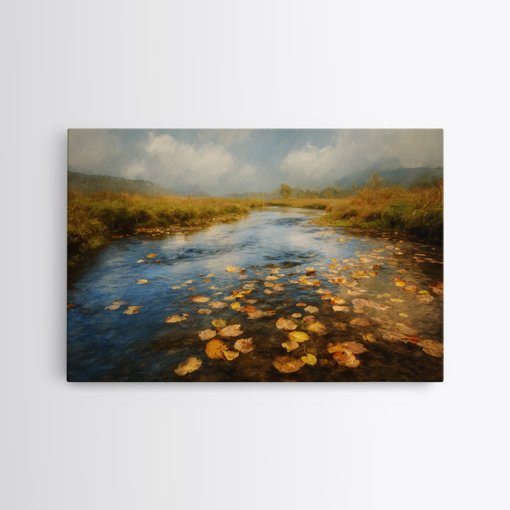 Autumn Leaves Floating on Quiet Stream Canvas Print, Nature Art, Modern Wall Art, Living Room Decor, Watercolor Art, Nature, NAT-3x2-58
