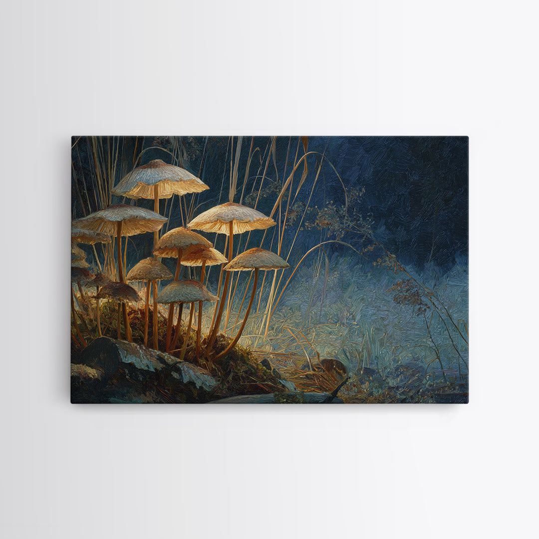 Mushroom Cluster in Enchanted Woodland Framed Canvas Print, Nature Art, Art Print, Living Room Decor, Oil Painting, Nature, NAT-3x2-59
