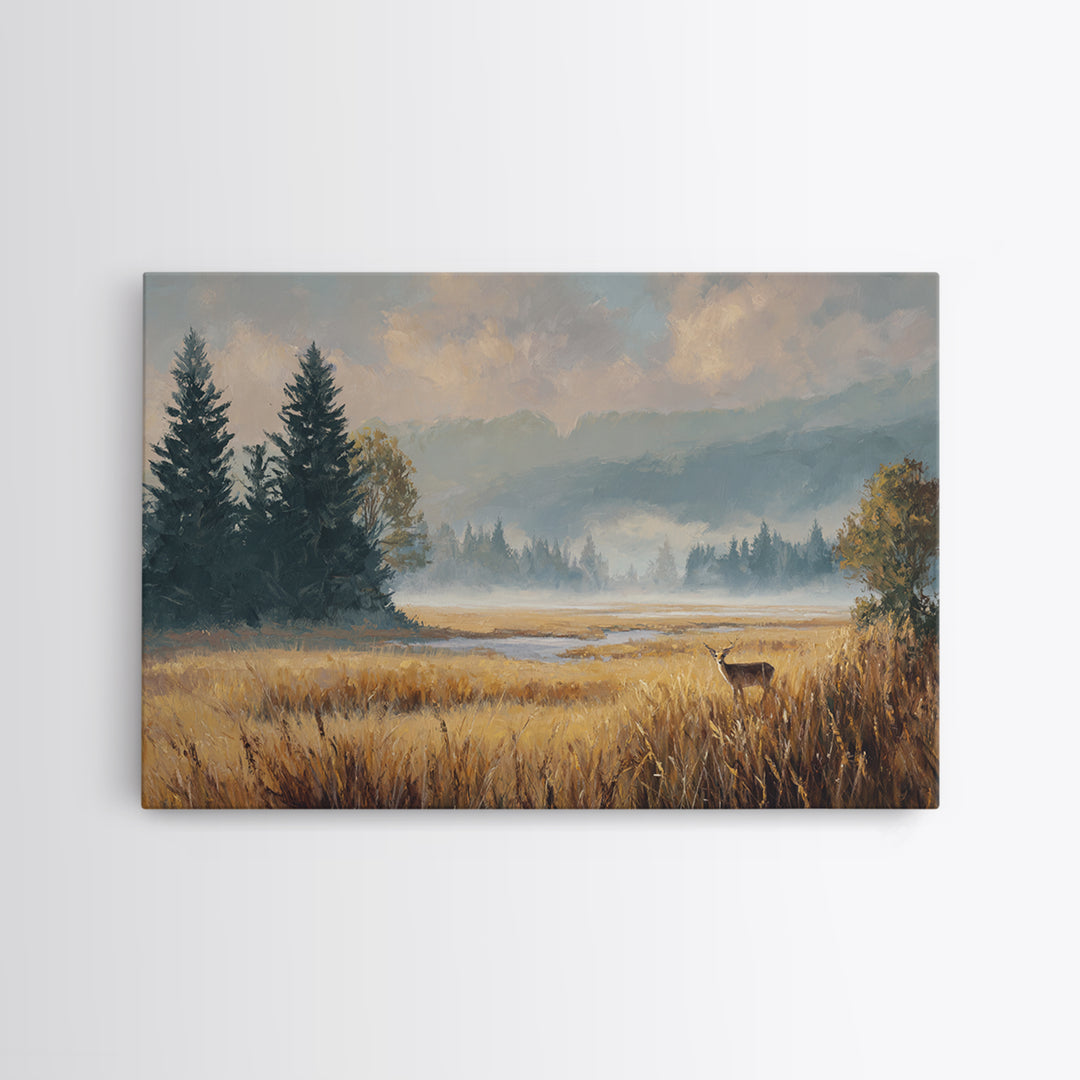 Deer Standing in a Golden Field Framed Canvas Print, Nature Art, Mountain Art, Living Room Decor, Nature, Minimalist Decor, NAT-3x2-60