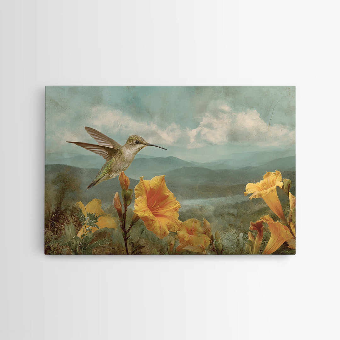 Hummingbird Beside Bright Trumpet Flowers Framed Canvas Print, Nature Art, Gallery Decor, Living Room Decor, Fine Art, Nature, NAT-3x2-64