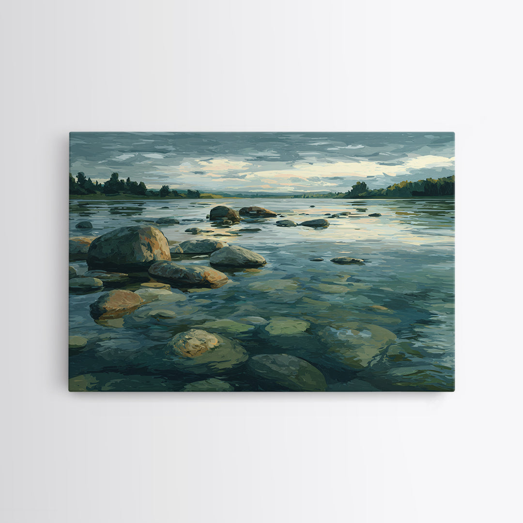 River Stones under Clear Shallow Water Framed Canvas Print, Nature Art, Moss Art, Living Room Decor, Watercolor Art, Nature, NAT-3x2-65
