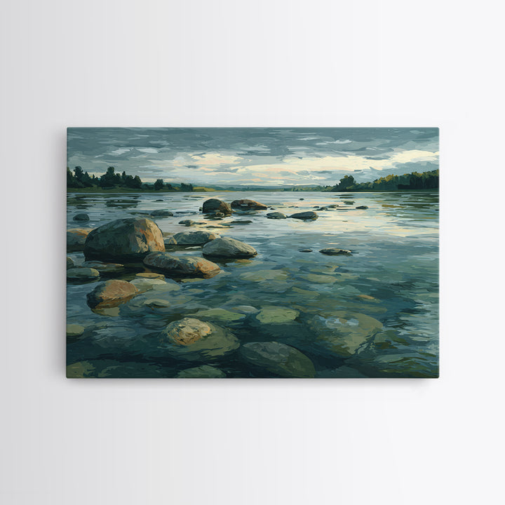 River Stones under Clear Shallow Water Framed Canvas Print, Nature Art, Moss Art, Living Room Decor, Watercolor Art, Nature, NAT-3x2-65