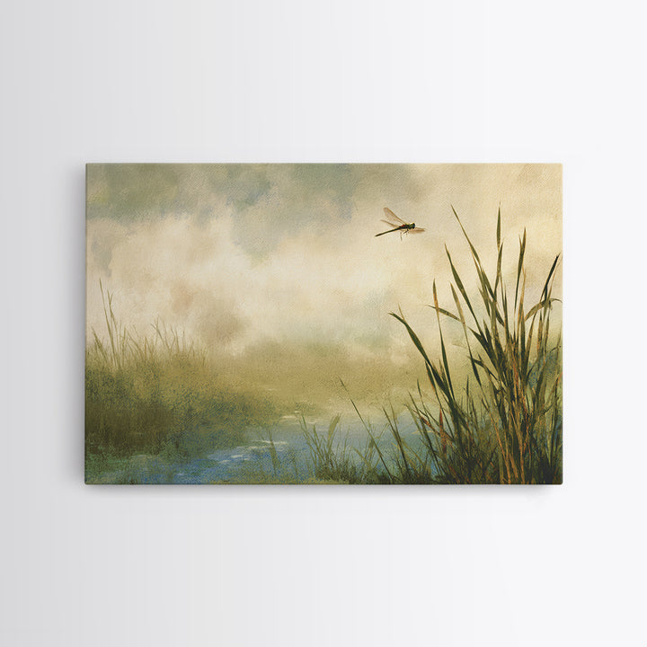 Dragonfly over a Pond with Reeds Framed Canvas Print, Nature Art, Abstract Wall Art, Living Room Decor, Fine Art, Nature, NAT-3x2-70