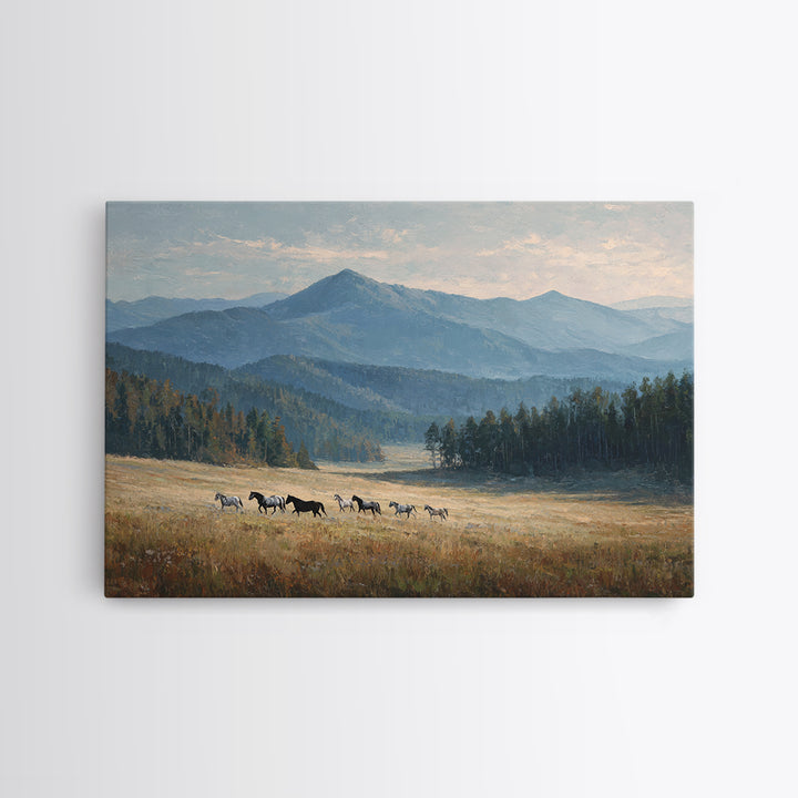 Wild Horses Running Near Mountain Ridge Framed Canvas Print, Nature Art, 3d Wall Art, Living Room Decor, Fine Art, Nature, NAT-3x2-74